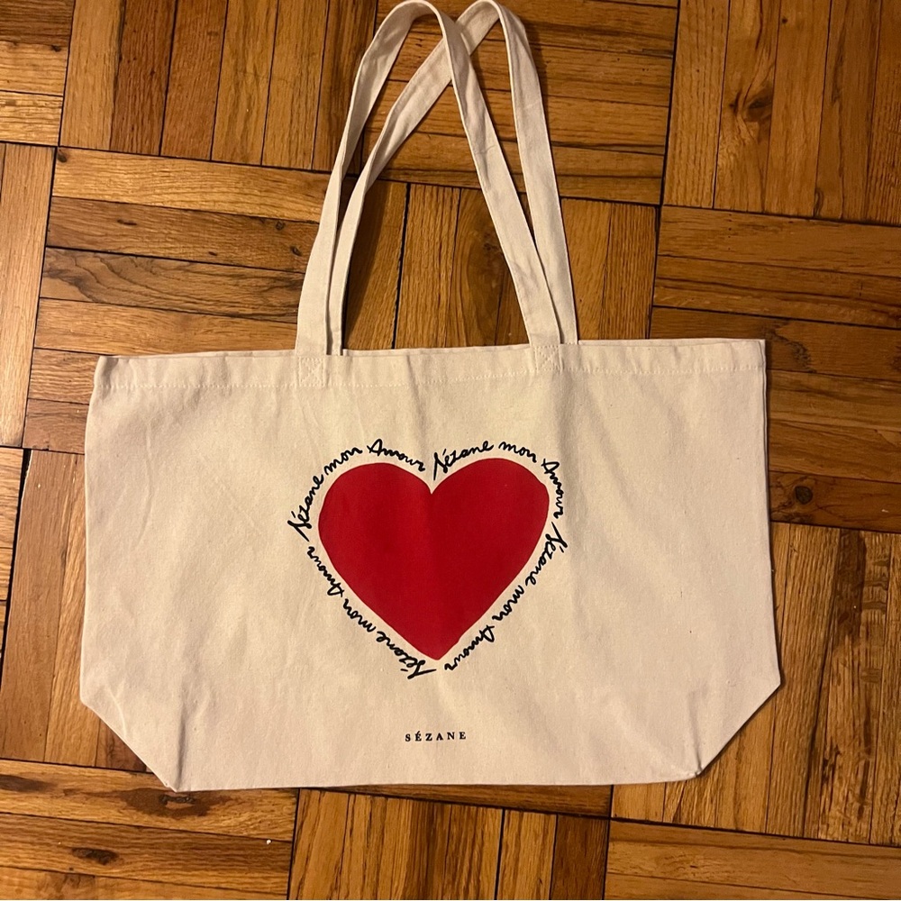 NEW Sezane Red Heart Canvas Tote Bag